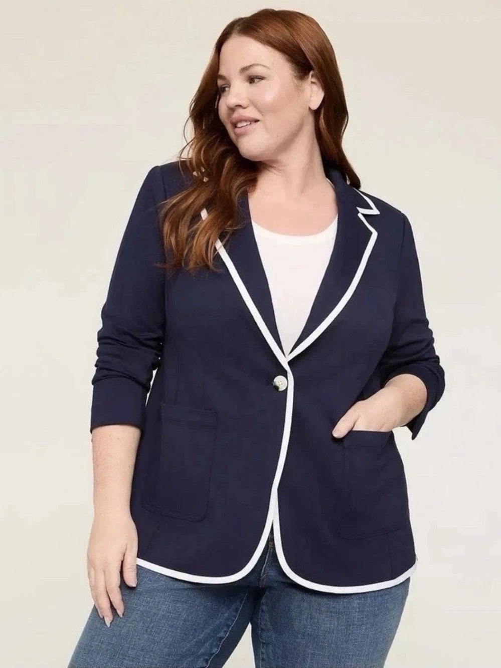 Lane Bryant Women's Plus Size 26 Navy Blazer with White Contrast Trim
